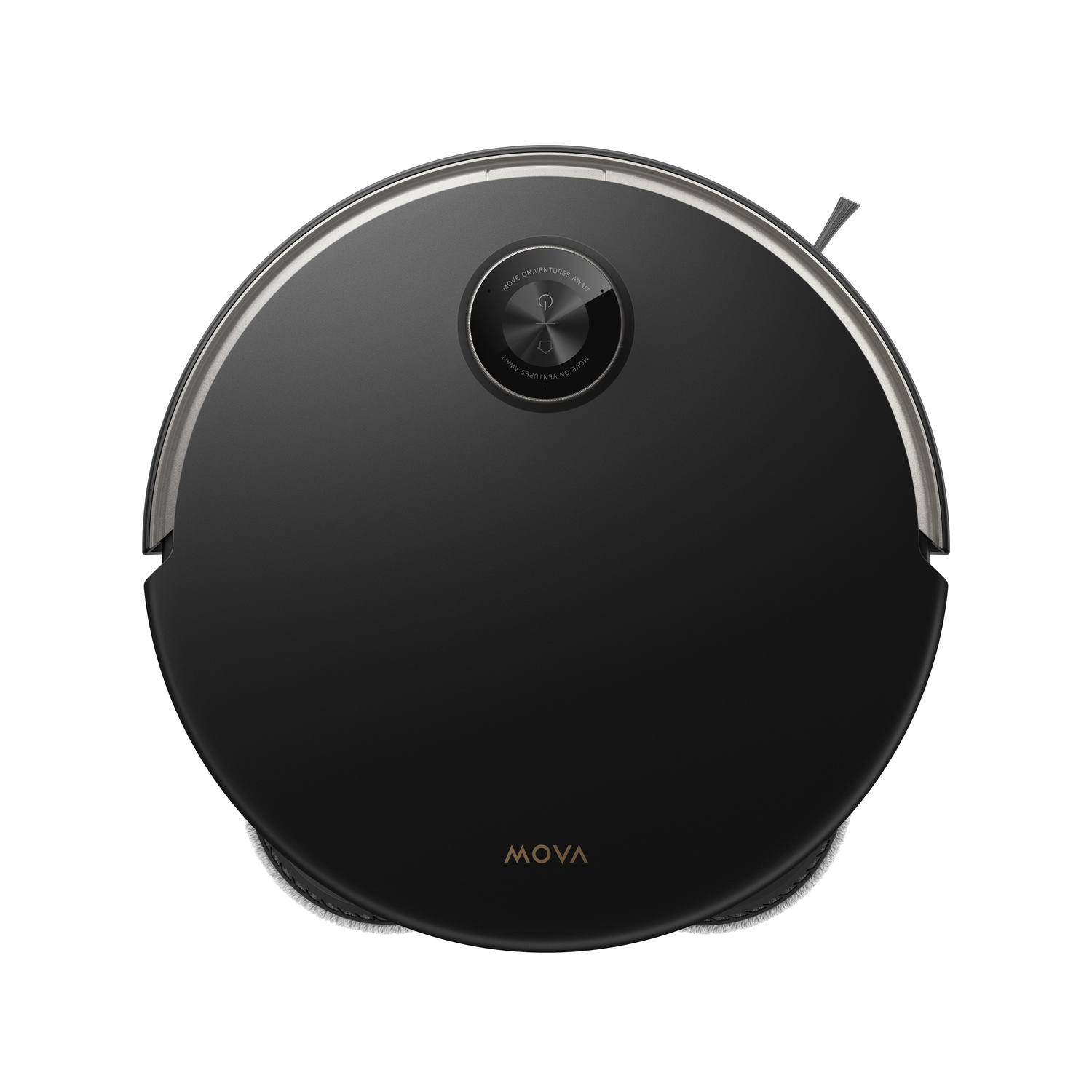 Un aspirateur robot noir de forme ronde. Il a un bord argenté et un bouton avec le texte 'Move on ventures await'.