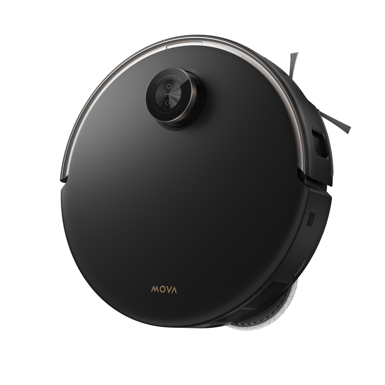 Un aspirateur robot MOVA noir. Il a un corps circulaire avec un panneau de commande supérieur et des brosses latérales, et un fond blanc.