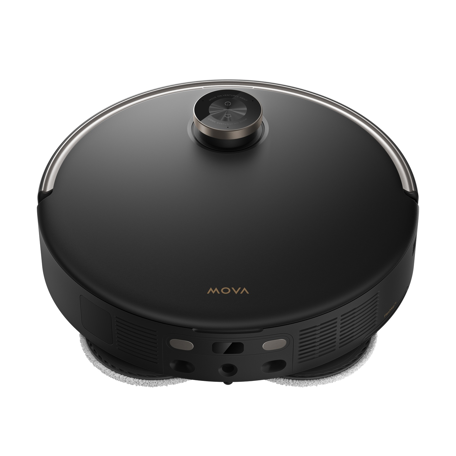 Un aspirateur robot MOVA noir sur fond blanc. Il a un design circulaire avec une caméra supérieure et un tampon de nettoyage.