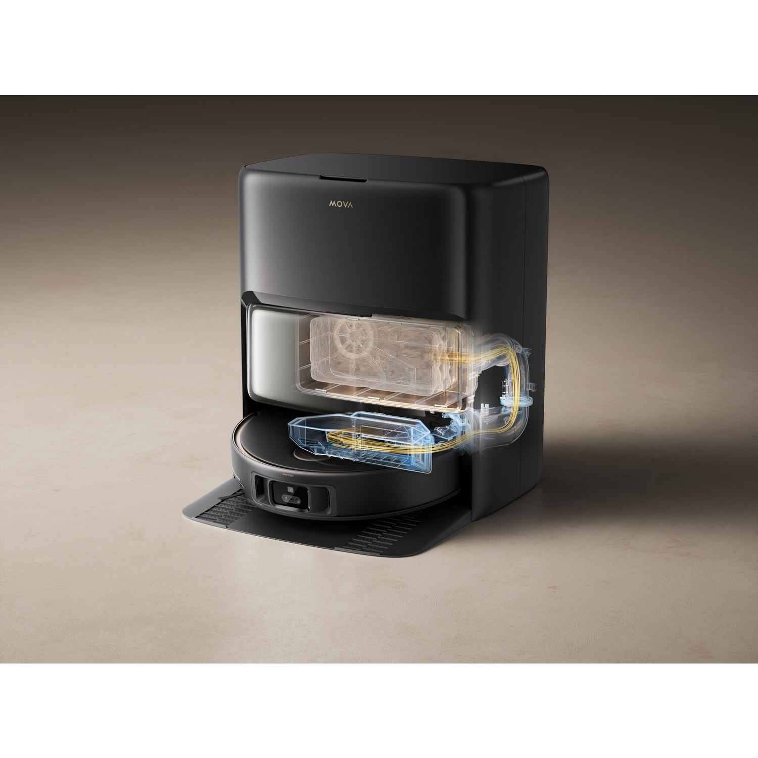 Aspirateur robot MOVA noir avec composants internes transparents. Montre les pièces de nettoyage et le bac à poussière. Il est sur une surface beige.