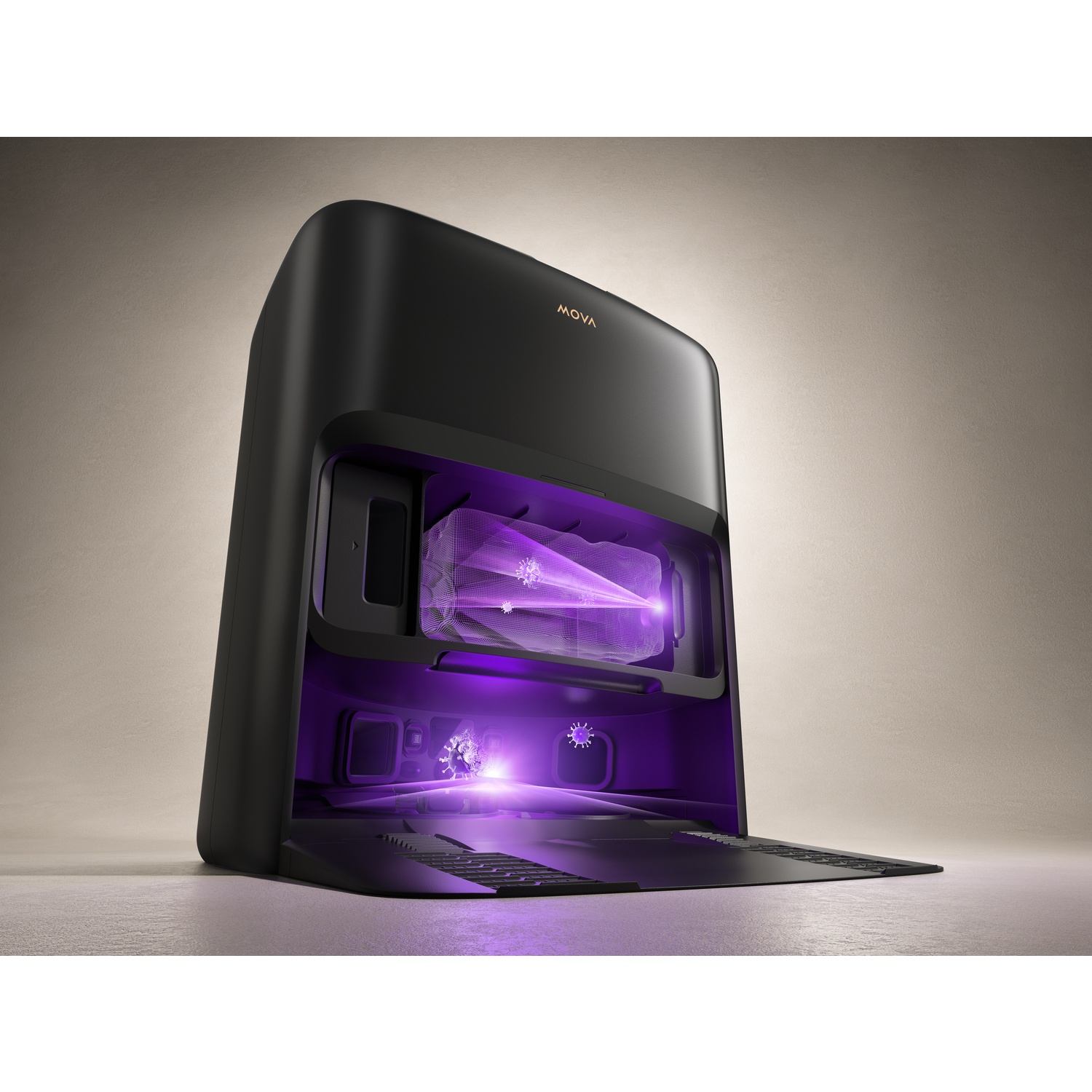 Un appareil MOVA noir avec un intérieur violet. L'appareil est ouvert, montrant une grille et des germes illuminés.