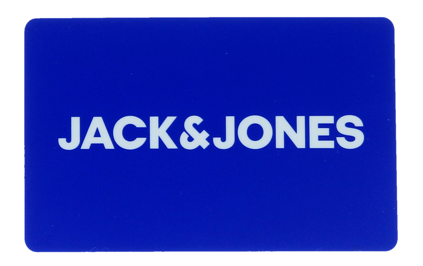 Eine blaue rechteckige Karte mit abgerundeten Ecken. Der weiße Text 'JACK & JONES' ist zentriert.