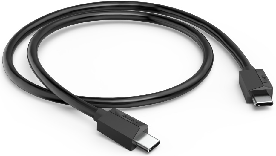 Un cavo USB-C nero su una superficie bianca. Il cavo ha due connettori, entrambi di tipo USB-C.
