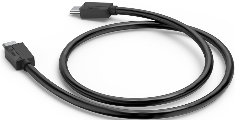 Un cavo USB-C nero, curvo e su una superficie bianca. Il cavo ha due connettori, ognuno con il logo Hama.