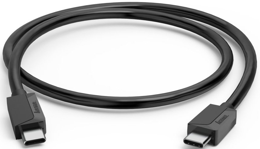 Un cavo USB-C nero con connettori su entrambe le estremità, appoggiato su una superficie bianca. Il cavo è curvo.