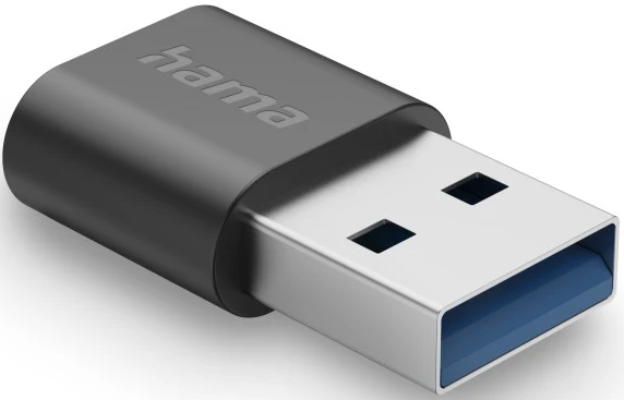 Un adattatore USB nero e argento. Il marchio 'hama' è visibile. L'estremità USB è argento, con interno blu.