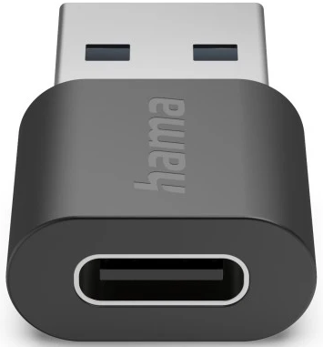 Un adattatore USB-C nero con un connettore USB-A argentato. La parola 'hama' è stampata sull'adattatore.
