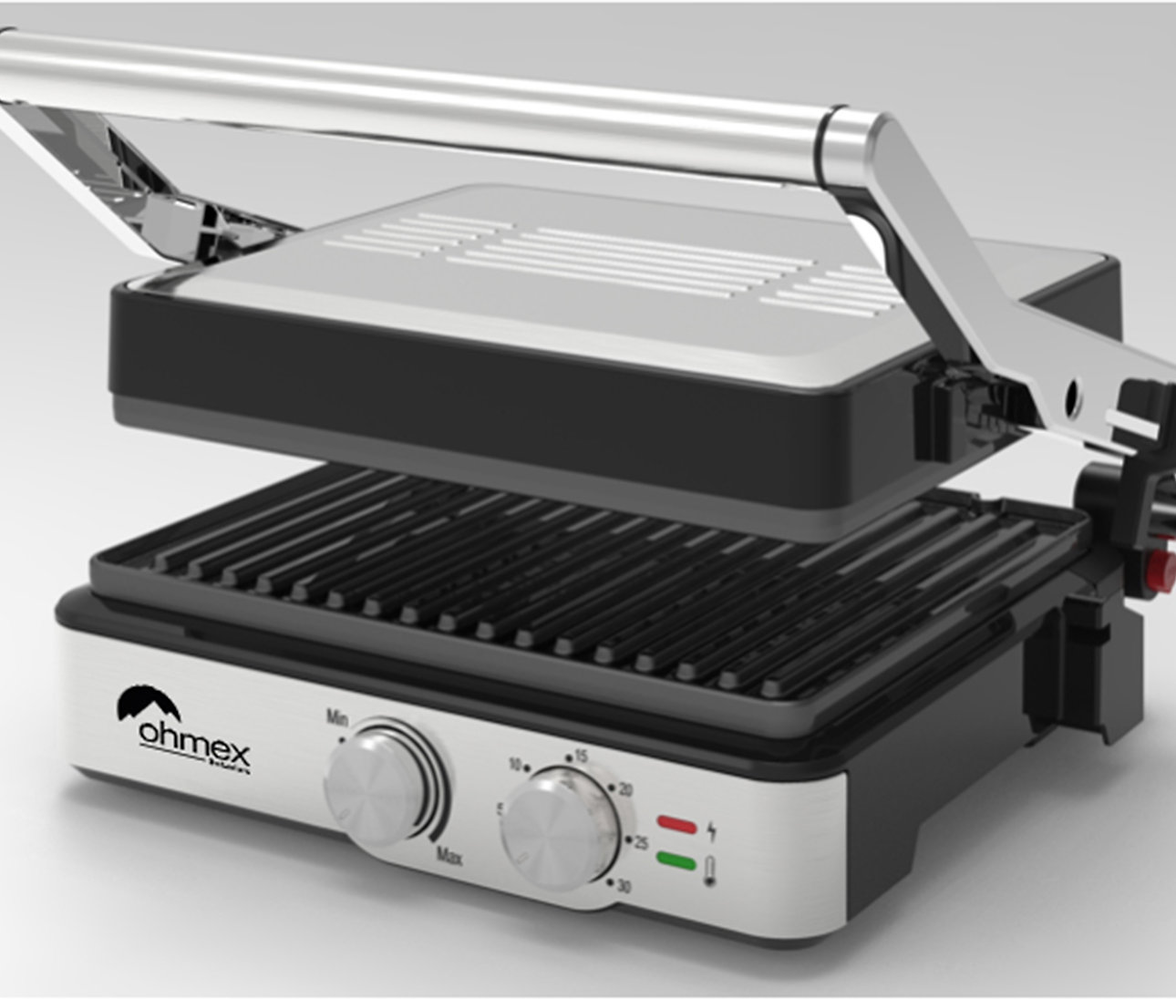 Una piastra per panini Ohmex argento e nera è aperta. Le manopole controllano la temperatura. La griglia superiore è sollevata.