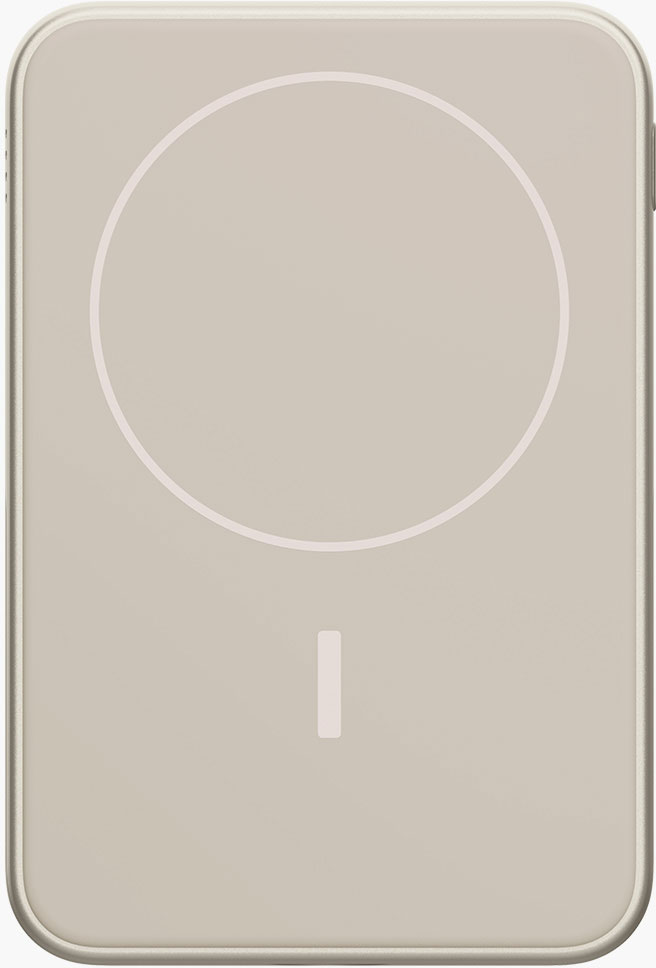 Un chargeur sans fil beige avec un contour circulaire blanc, un rectangle vertical et des coins arrondis. Le fond est beige neutre.