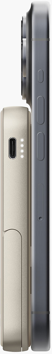 Vue latérale d'un téléphone et d'une batterie externe beige. Le téléphone est gris, avec des boutons latéraux. La batterie a des voyants de charge.