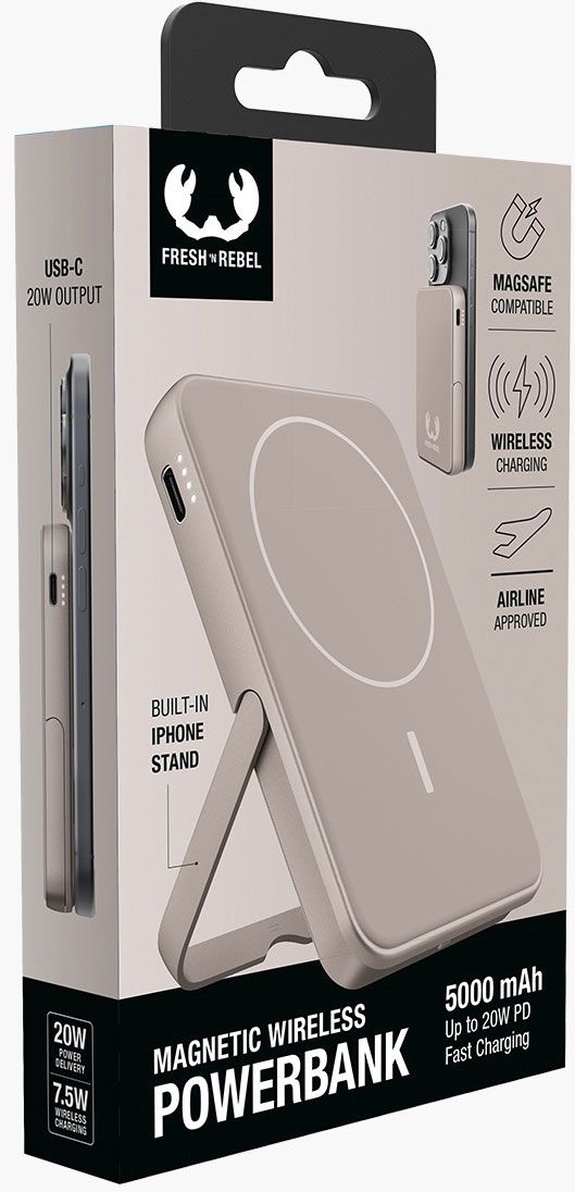 Une batterie externe est affichée avec ses caractéristiques : charge sans fil magnétique, support iPhone et capacité de 5000 mAh. L'emballage montre USB-C et charge rapide.