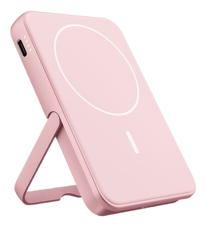 Chargeur sans fil rose avec cercle et ligne blancs. Il possède un support. Fond noir.