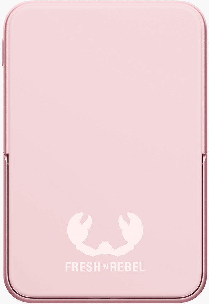 Coque de téléphone rose avec logo crabe blanc et texte 'FRESH 'N REBEL'. Surface brillante. Les bords sont également roses.