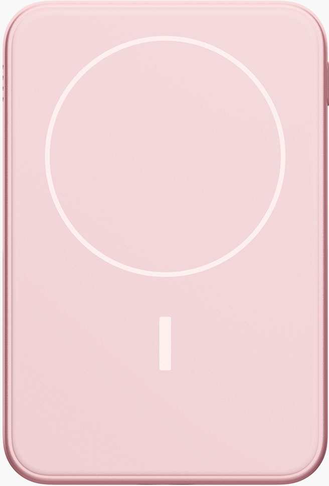 Un chargeur sans fil rose. Un cercle blanc et une ligne courte sont sur la surface.
