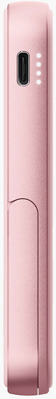 Une batterie externe rose avec un port USB, quatre voyants lumineux et une encoche incurvée.