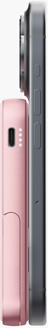 Vue latérale d'une banque d'alimentation rose à côté d'un smartphone gris. La banque d'alimentation a un port USB et des voyants.