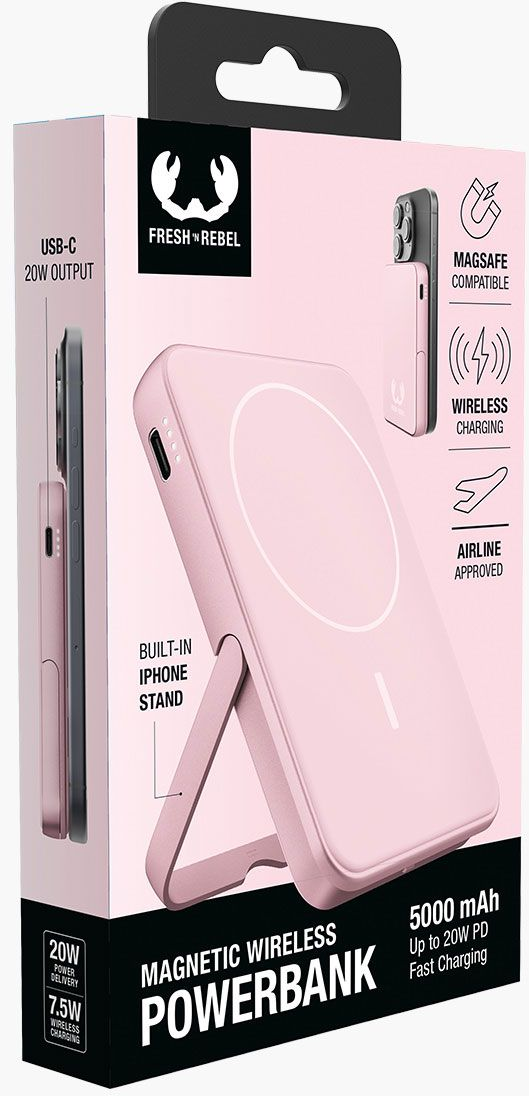 Boîte de batterie externe rose Fresh 'n Rebel. Caractéristiques: chargement sans fil, compatibilité MagSafe, 5000 mAh et support iPhone intégré.