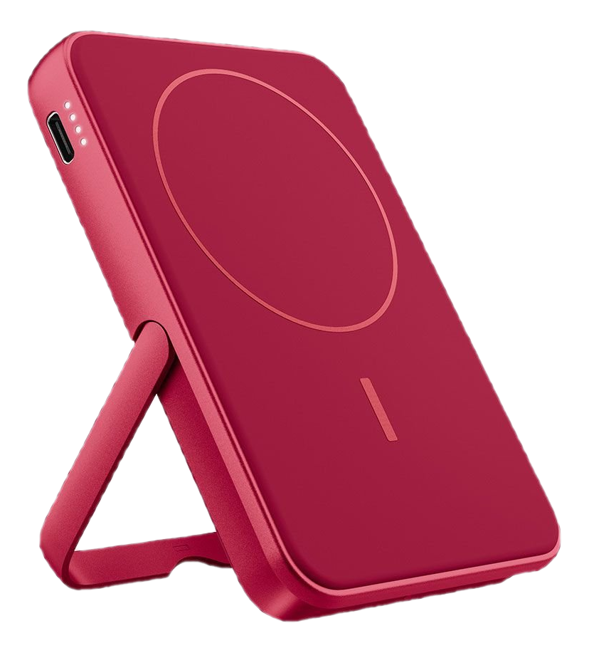 Un chargeur sans fil rouge avec support. Il a un design circulaire et un indicateur de charge avec trois points.