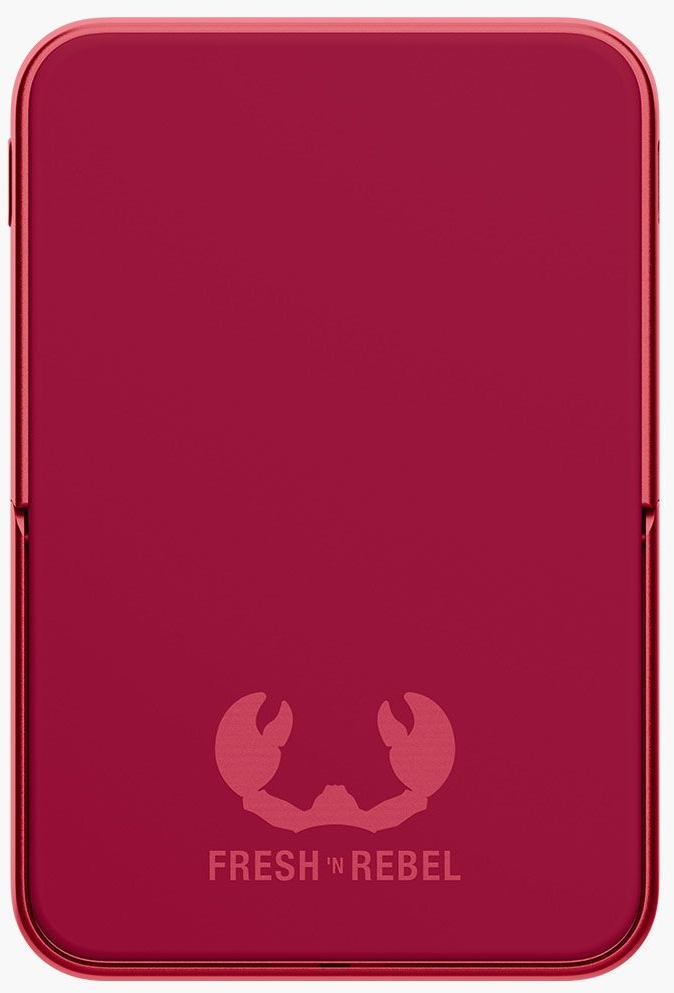 Un étui de téléphone rouge avec un logo en forme de crabe et le texte 'FRESH 'N REBEL'. L'étui a une finition lisse et brillante.