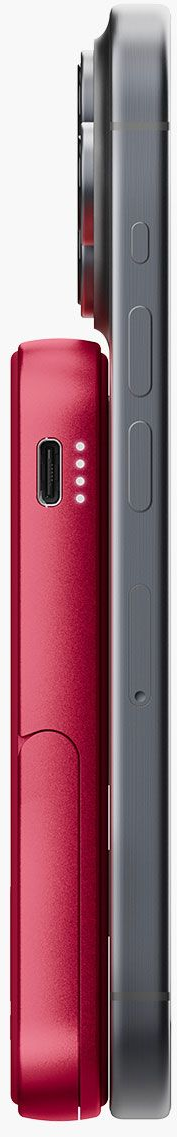 Une batterie externe rouge est attachée à un smartphone gris. La batterie a un port USB-C et des voyants.
