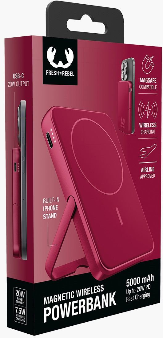 Boîte de powerbank rouge avec un téléphone. Comprend la recharge sans fil, la compatibilité Magsafe et un support iPhone intégré.