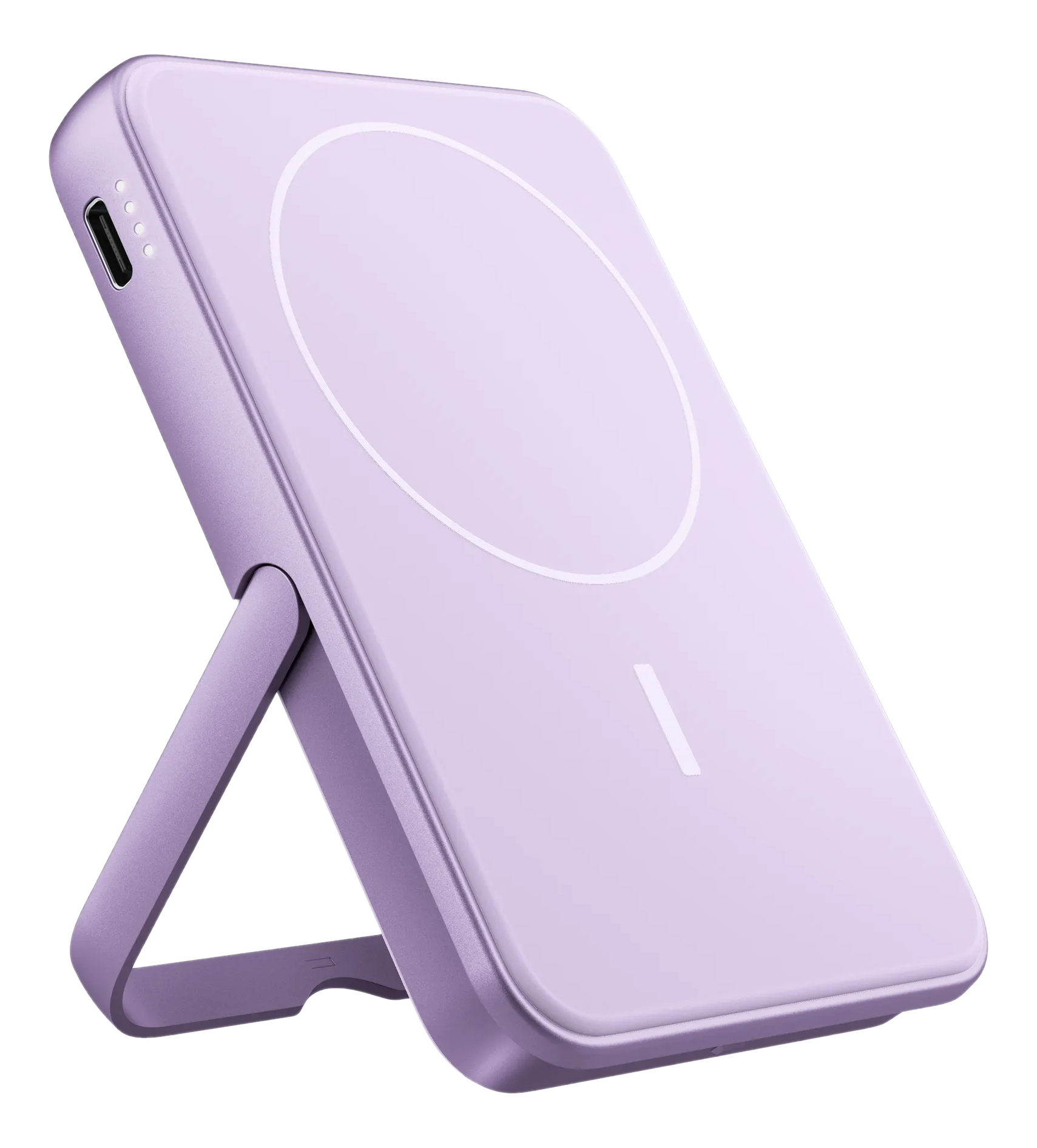 Un chargeur sans fil lavande avec un support, cercle et ligne blancs sur sa face. Fond noir.