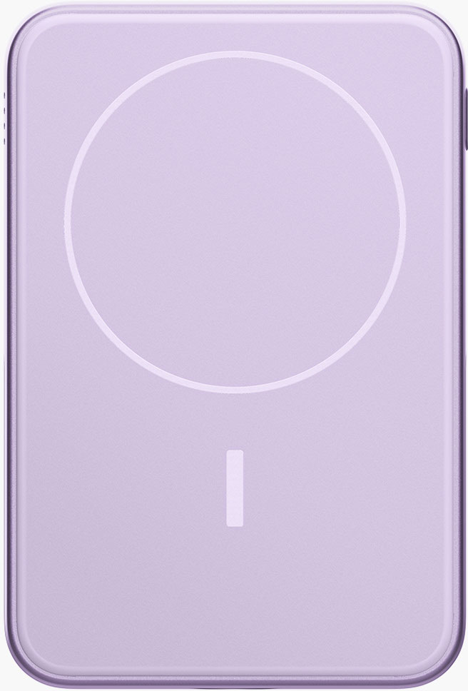 Un chargeur sans fil rectangulaire, violet clair. Un cercle blanc et un rectangle vertical sont sur la surface.