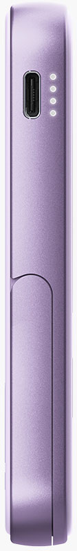 Une banque d'alimentation verticale violette avec un port de charge et quatre voyants. Il a un design incurvé sur le devant.