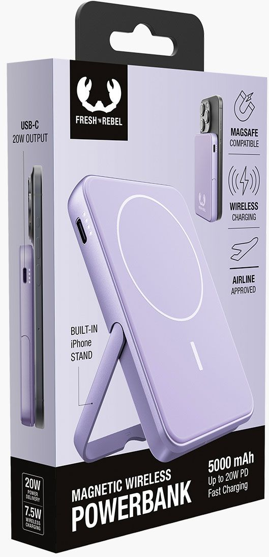 Une batterie externe sans fil violette est présentée dans son emballage, montrant des fonctionnalités comme la compatibilité MagSafe et la charge rapide.