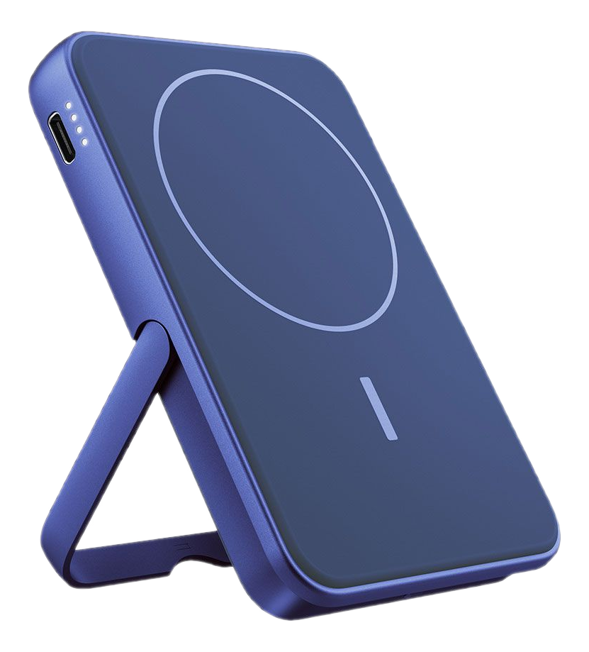 Un chargeur sans fil bleu avec un support. Le chargeur a une zone de charge circulaire et un indicateur de charge. Il est incliné sur un fond noir.