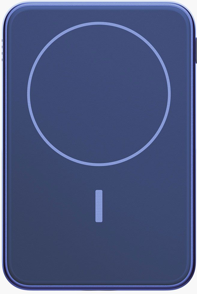 Un chargeur sans fil bleu foncé. Il a un contour circulaire et une petite barre verticale en bas.