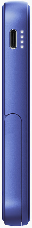 Une batterie externe bleue rectangulaire. Elle possède un port USB et quatre voyants. La surface a un design incurvé.