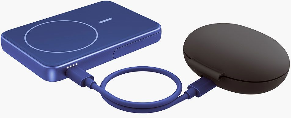 Un socle de chargement bleu est connecté à un étui d'écouteurs noir via un câble bleu. Le socle a un cercle et une barre blancs.