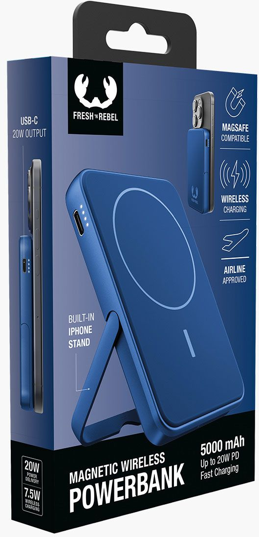 Batterie externe magnétique sans fil bleue avec support iPhone. Comprend la charge sans fil, la compatibilité Magsafe et une capacité de 5000 mAh.