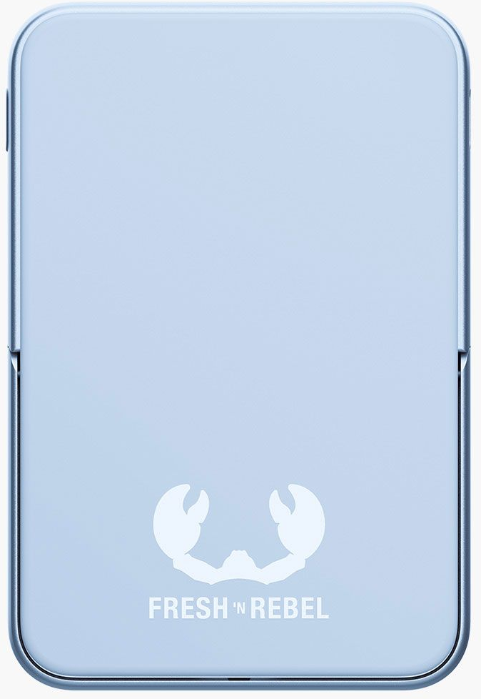 Un appareil bleu clair avec un logo blanc de pinces de crabe et le texte 'FRESH 'N REBEL'.