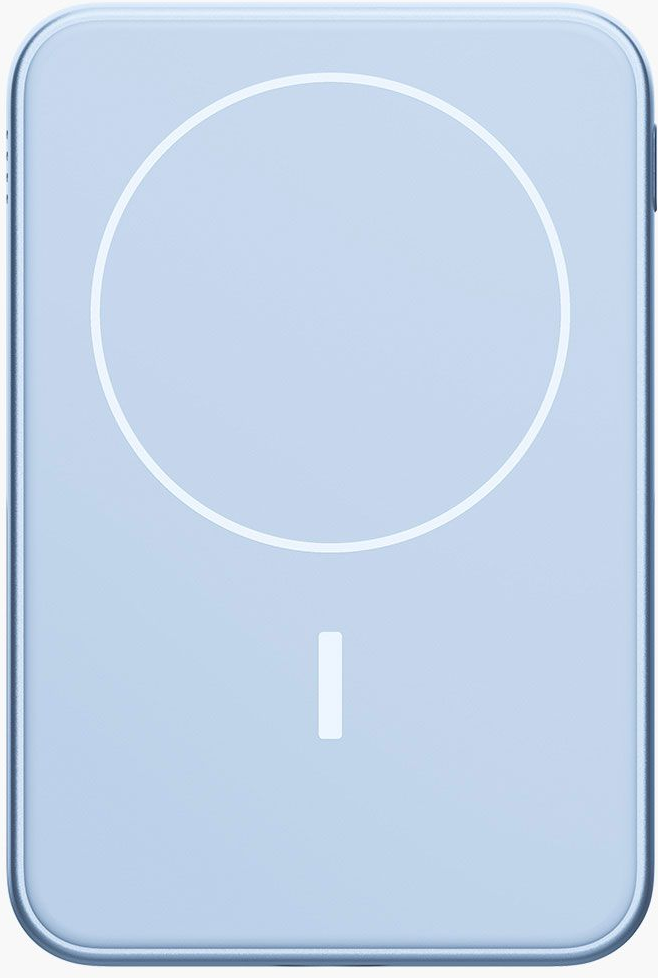 Un chargeur sans fil bleu clair avec un cercle blanc et une ligne verticale. Le chargeur a des coins arrondis et un cadre argenté.