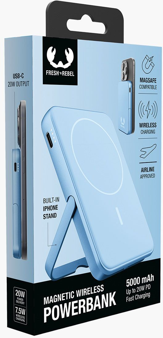 Une boîte de batterie externe Fresh 'n Rebel bleu clair. C'est une batterie externe sans fil magnétique avec un support iPhone. Comprend la charge rapide.