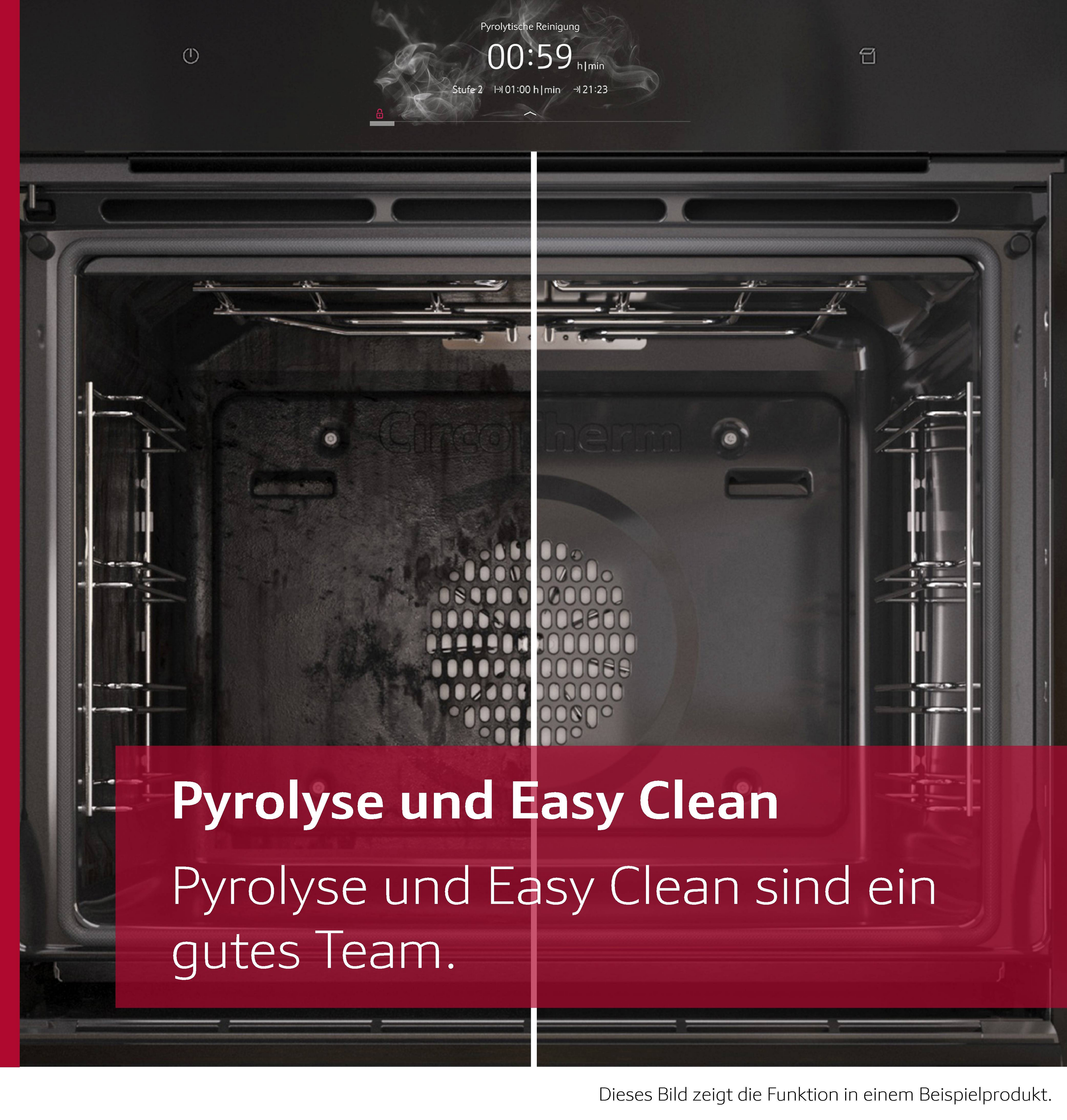 Ein Backofen-Innenraum zeigt Vorher-Nachher-Pyrolyse-Reinigung. Links schmutzig, rechts sauber. Text: Pyrolyse und Easy Clean.