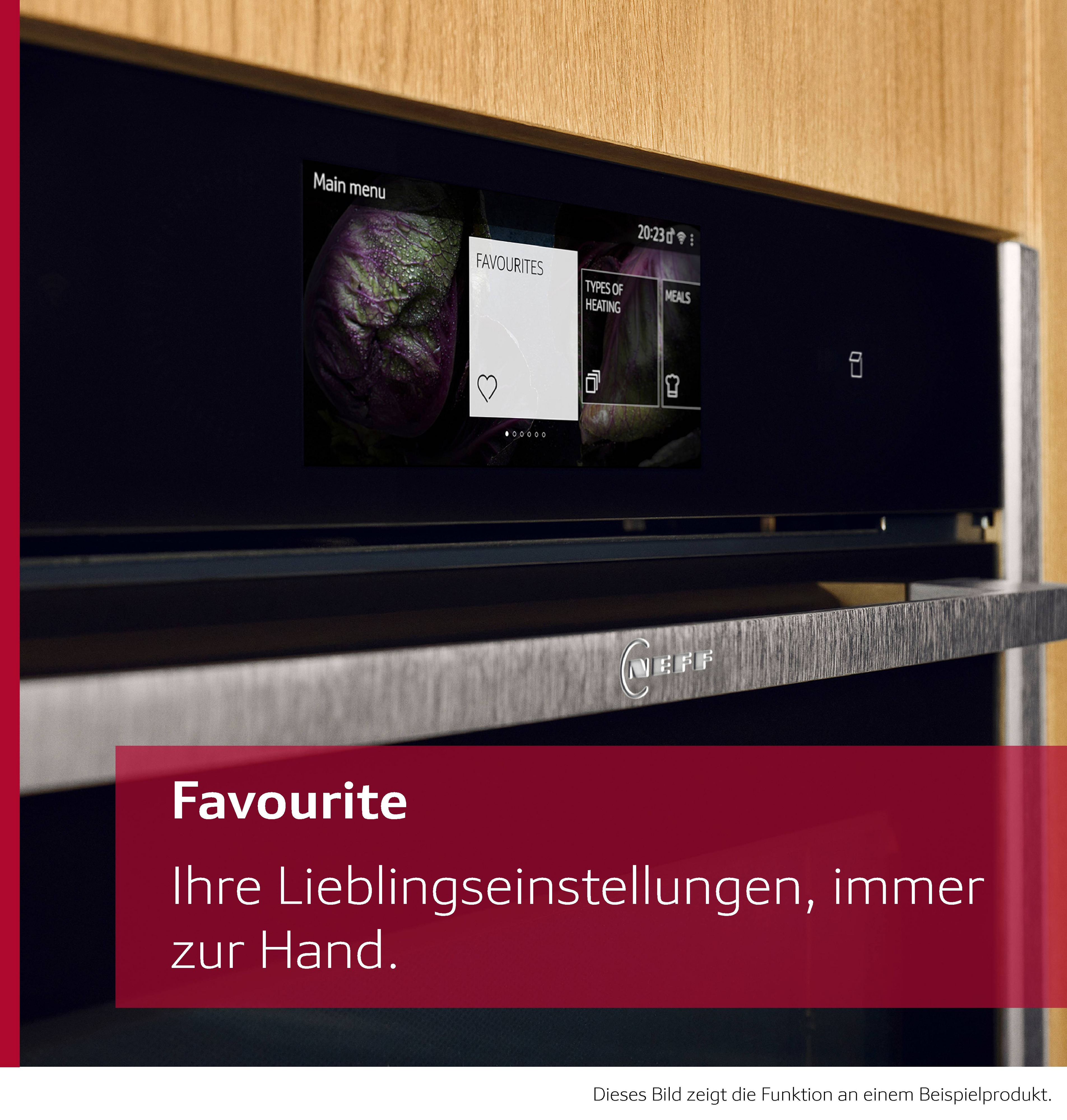 Backofenvorderseite mit Bildschirm, der Menüoptionen wie "Favoriten" anzeigt. Ein rotes Banner zeigt Text auf Deutsch.