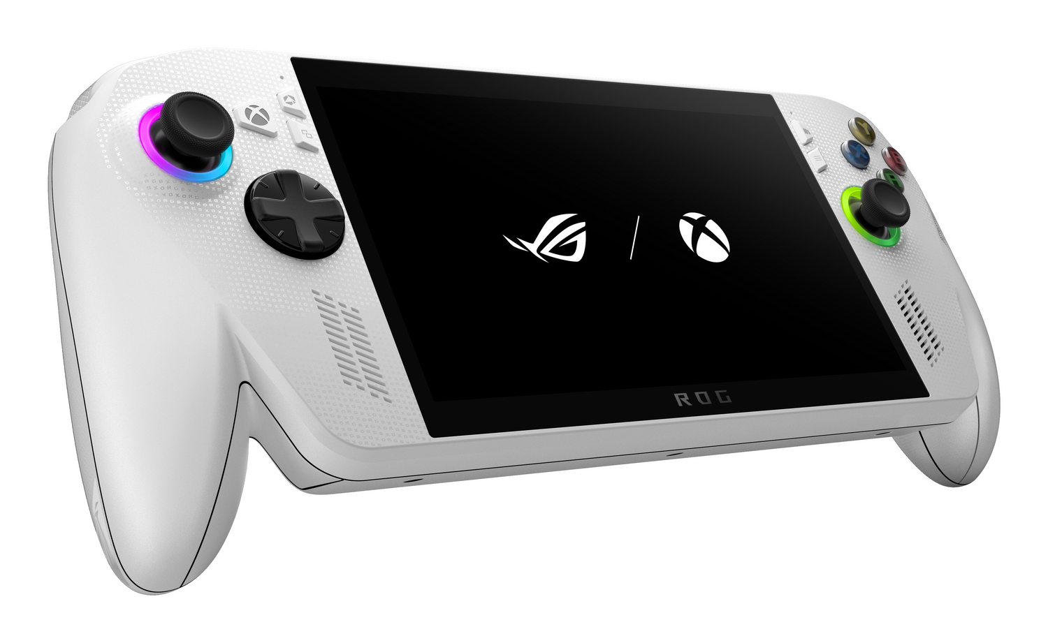 Consola de juegos portátil blanca con pantalla negra que muestra logotipos. Tiene botones, joysticks y gatillos.
