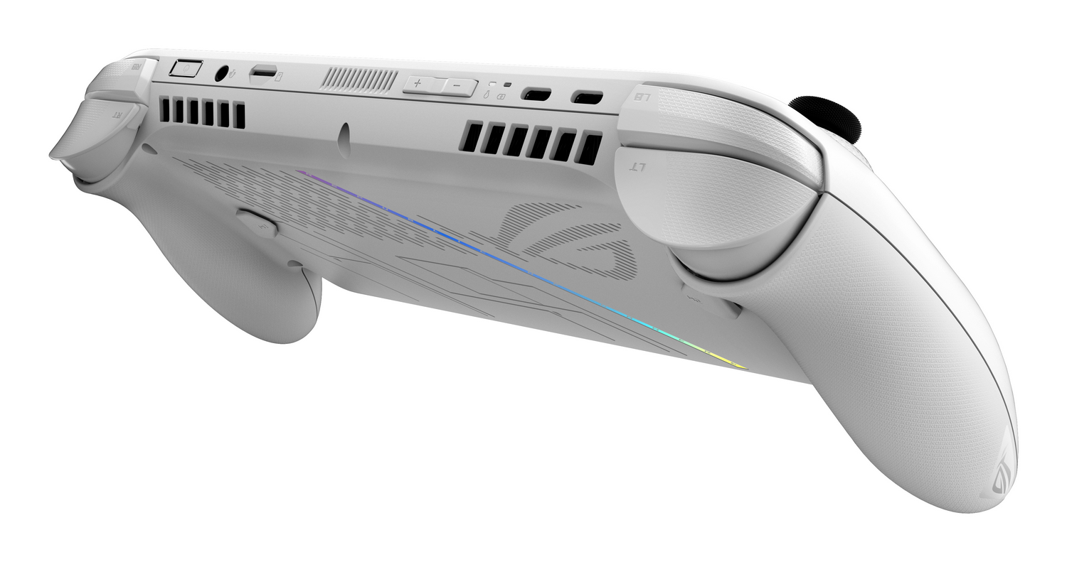 Mando de juego blanco. Tiene botones, gatillos y un joystick. La parte inferior tiene una luz brillante. Está sobre un fondo blanco.
