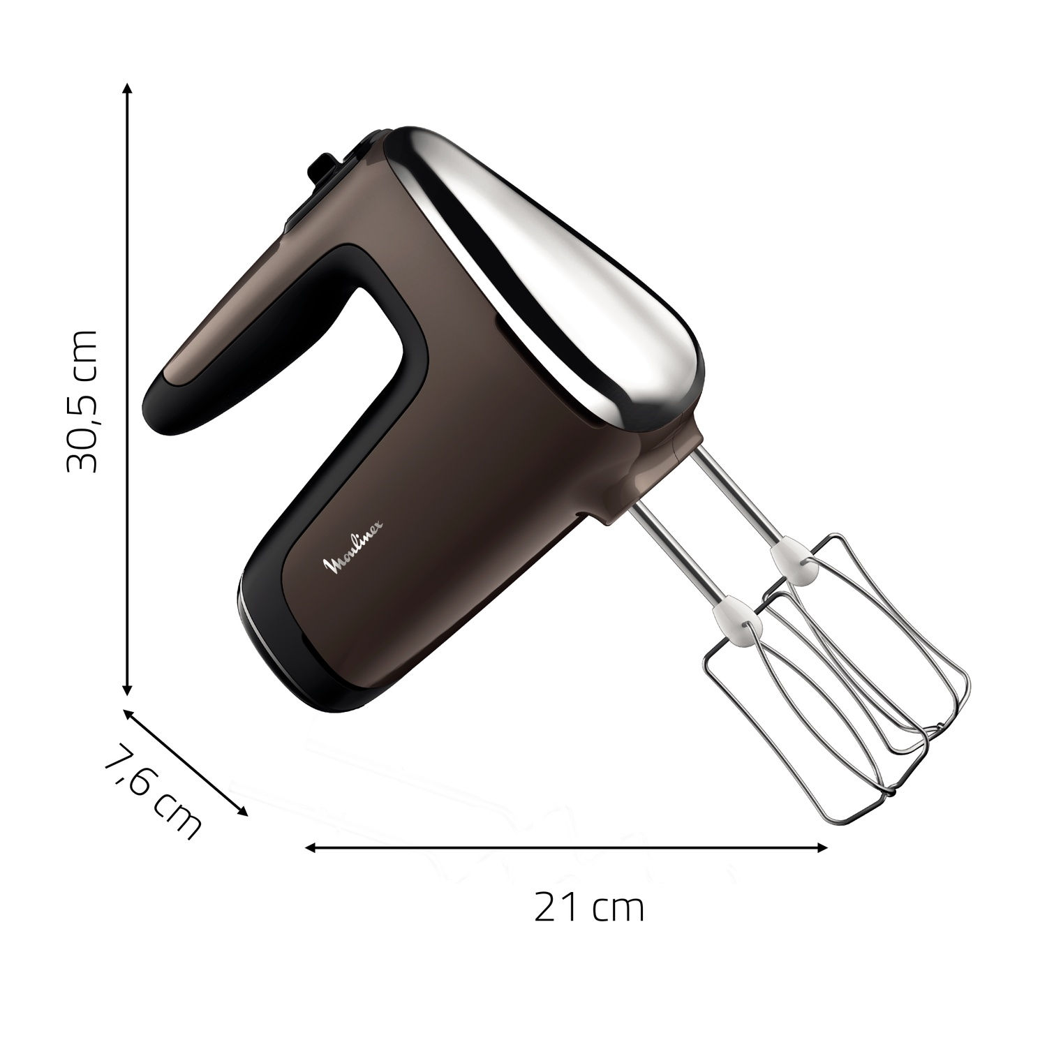 Un batteur à main Moulinex marron et argenté avec des dimensions : 30,5 cm de hauteur, 7,6 cm de largeur et 21 cm de longueur.
