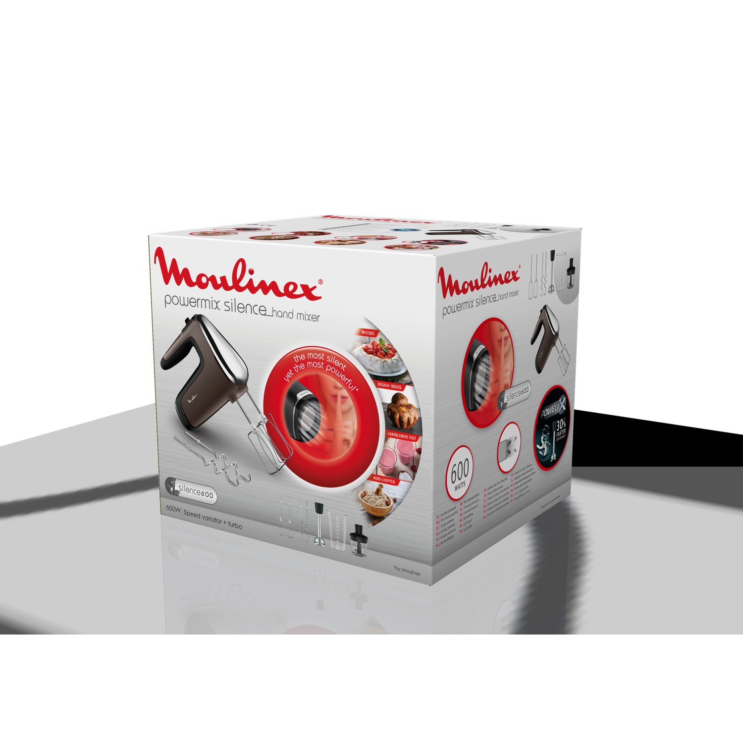 Une boîte de batteur à main Moulinex Powermix Silence est affichée. La boîte montre le mixeur, les accessoires et les détails du produit avec un fond noir.
