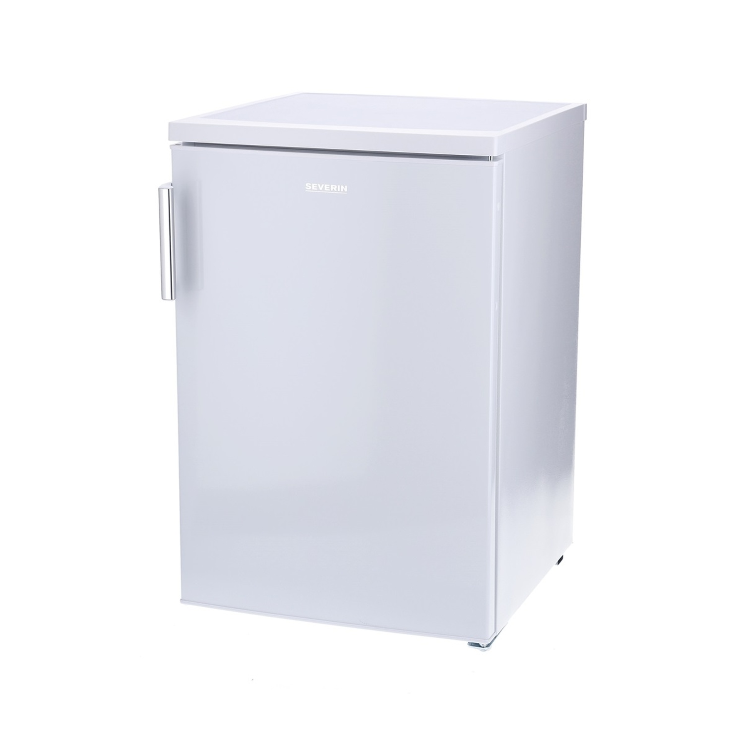 Un mini-réfrigérateur blanc, de la marque 'SEVERIN', sur fond blanc. Il a une poignée et un design simple, avec un logo en haut.