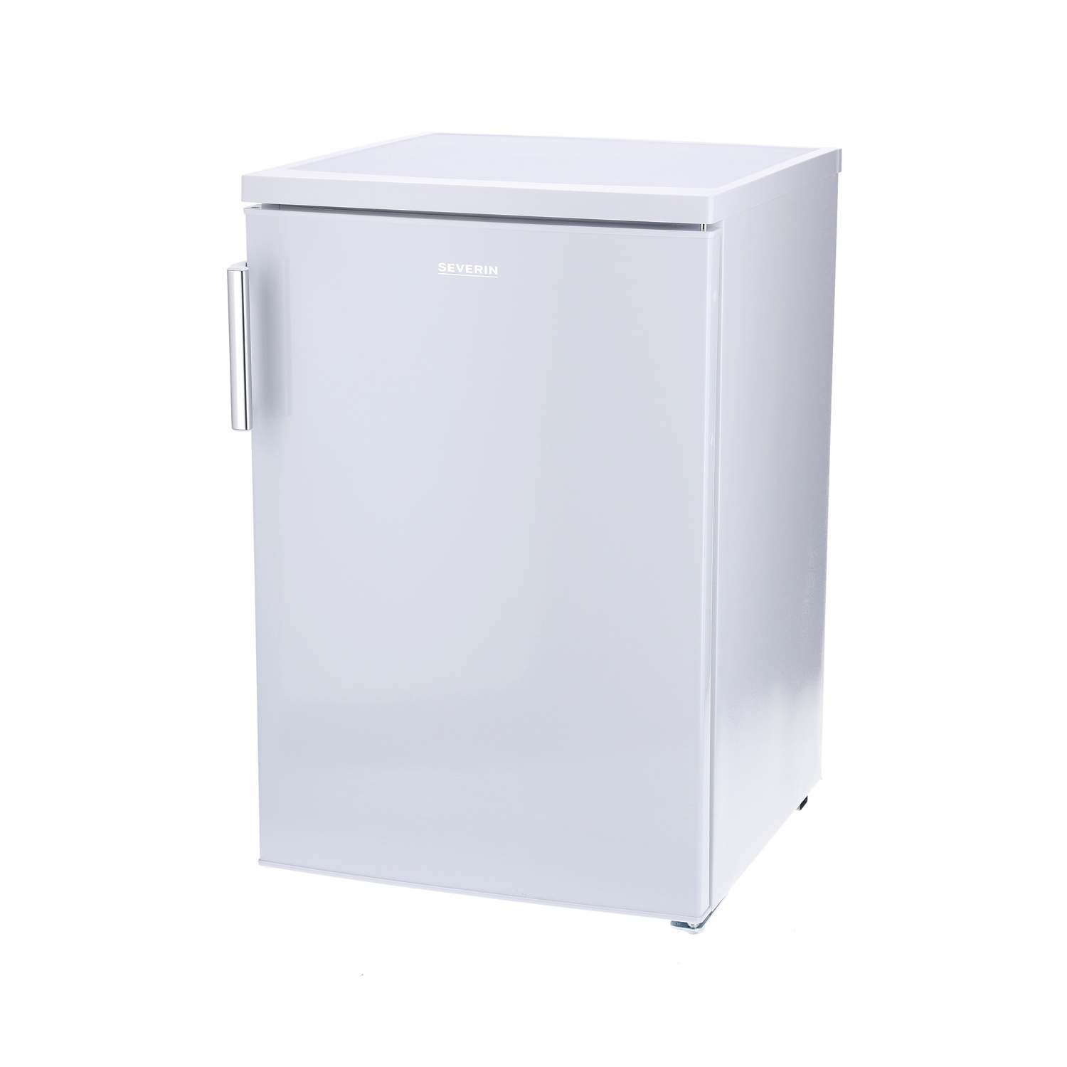 Un réfrigérateur blanc Severin sur fond blanc. Le réfrigérateur a une poignée et le logo de la marque.