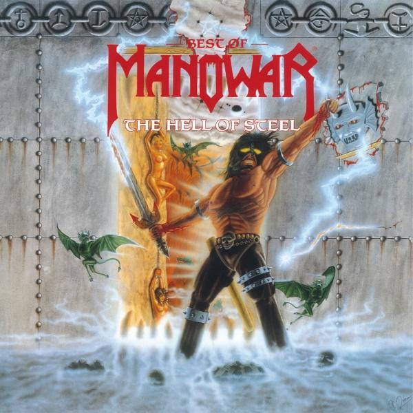 Albumcover. Ein muskulöser Krieger mit Schwert und Schild in stürmischer Umgebung. Der Titel lautet 'The Best Of Manowar'.