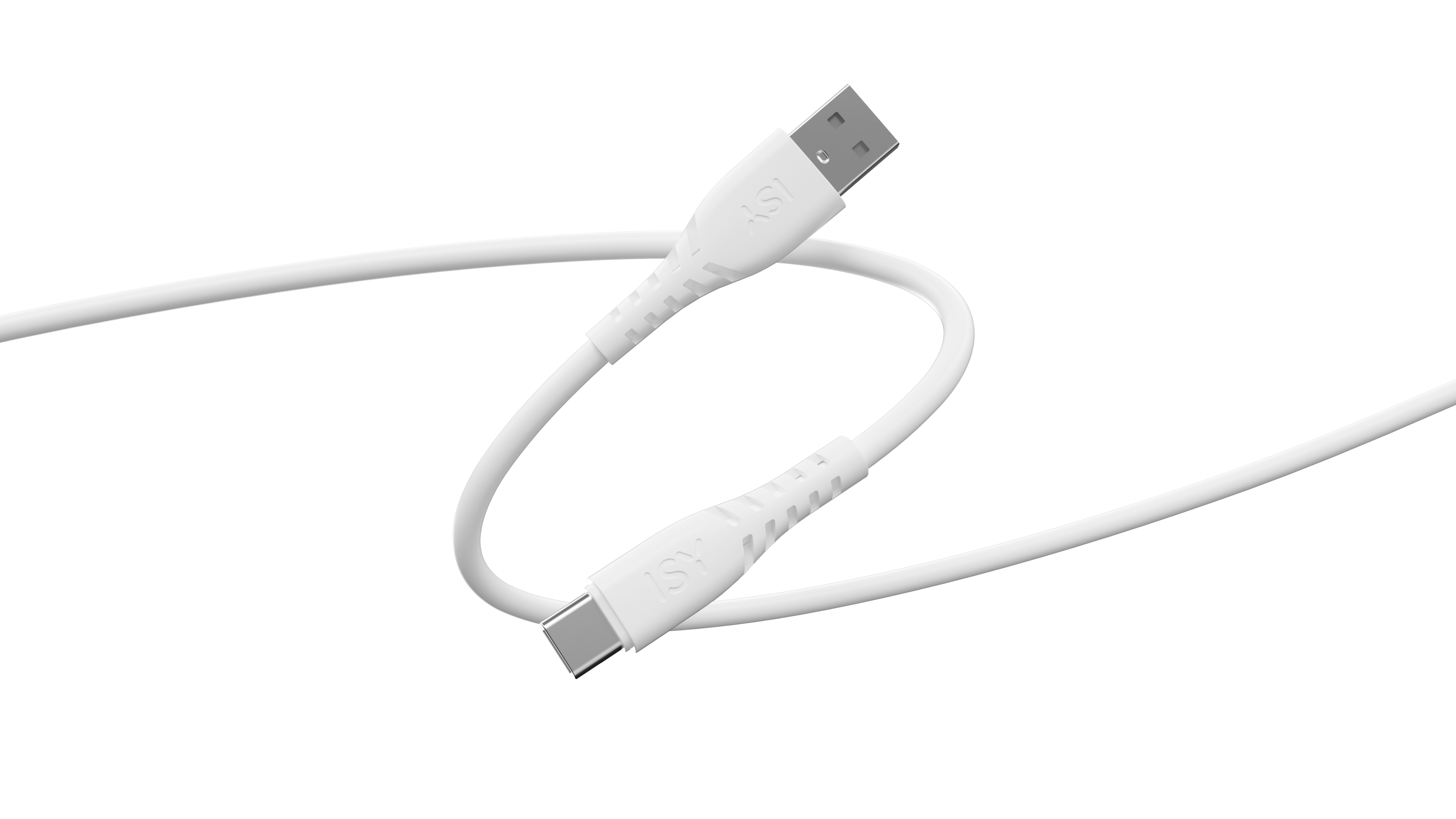 Biały kabel USB-C do USB-A na czarnym tle. Kabel jest zakrzywiony, z wtyczkami na obu końcach.