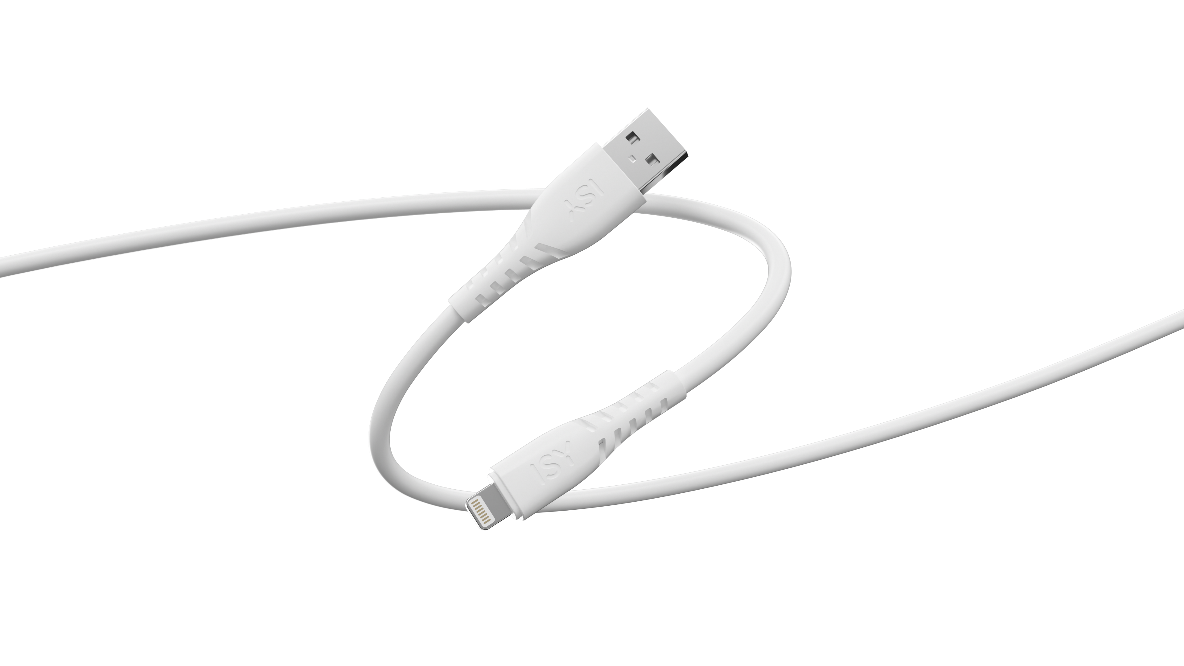 Biały kabel ładujący ze złączem USB i złączem Lightning na czarnym tle.
