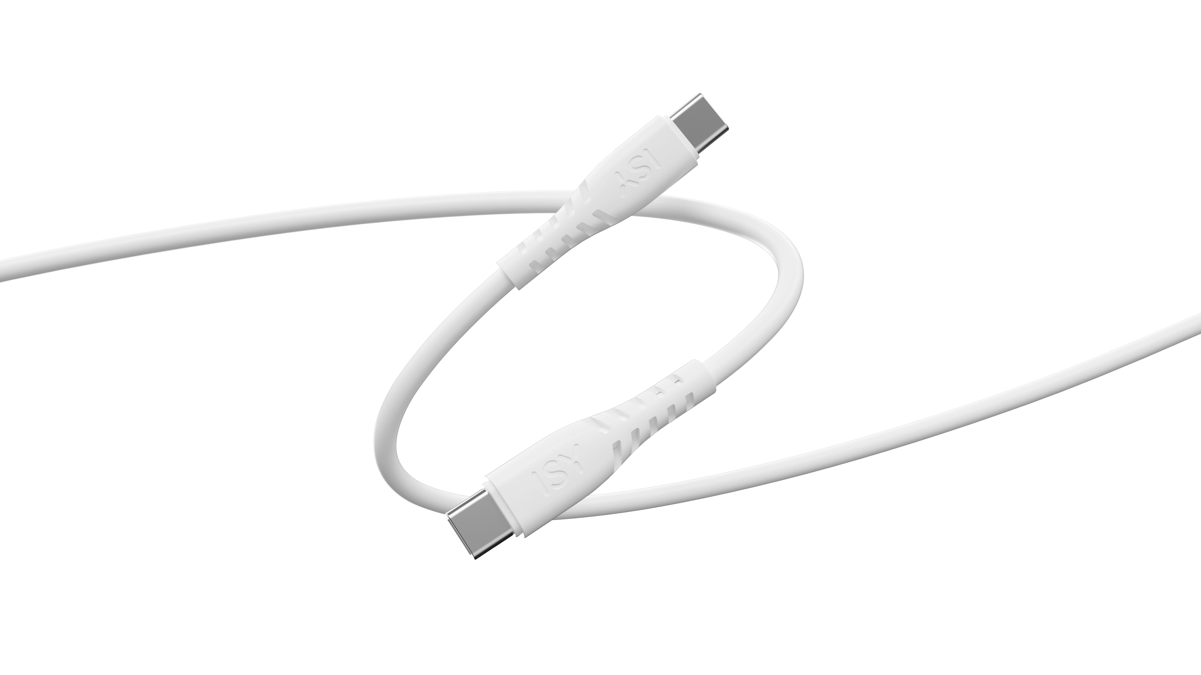 Biały kabel USB-C na czarnym tle. Kabel jest zakrzywiony. Złącza mają napis "ISY". Kabel jest ostry.
