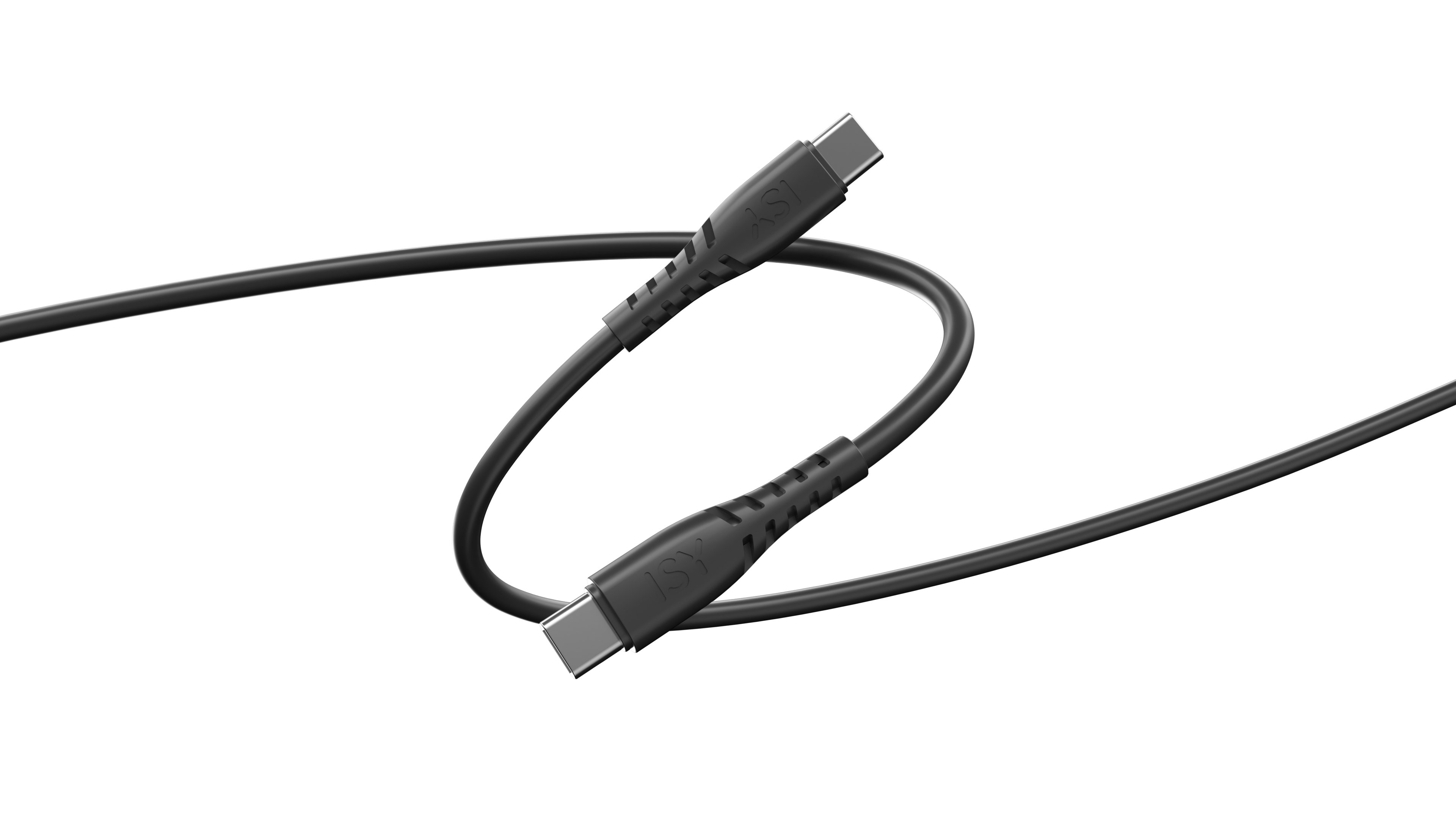 Czarny kabel USB-C na czarnym tle. Kabel jest zakrzywiony, z logo ISY widocznym na złączach.
